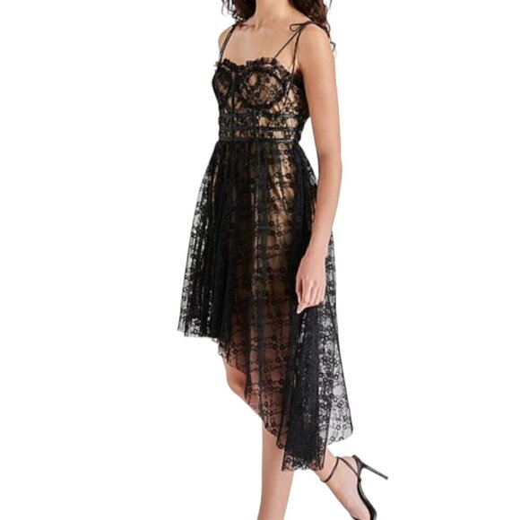 Steve Madden Dresses & Skirts - Steve Madden Black Lace Hi-Low Midi Dress with Nude Lining XS NWT Retail $129